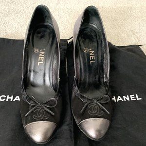 Chanel Cap Toe Black & Metallic Grey Pumps 36